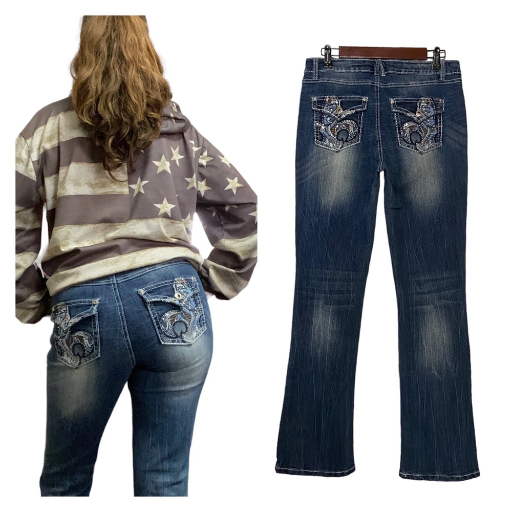 Y2K Revolt Flap Back Rhinestone Sequin Embroidered Pocket Vintage Jeans Blue